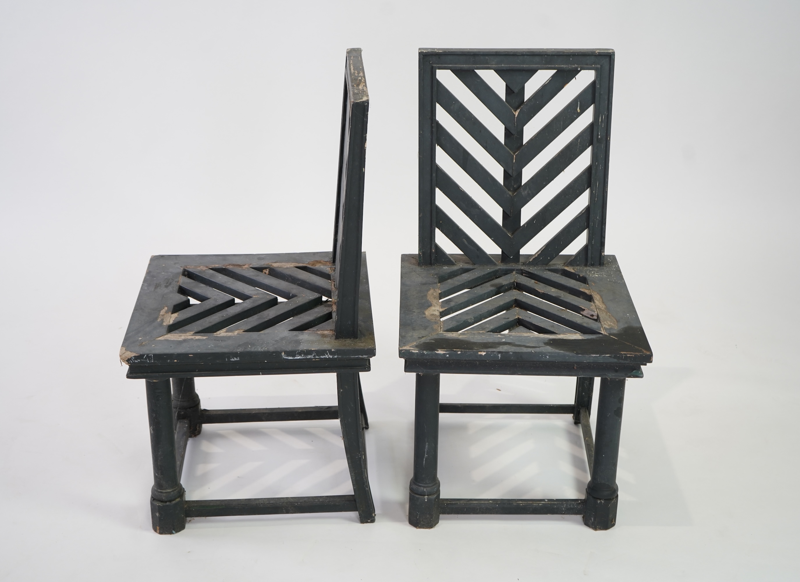 A set of fourteen green painted beech garden chairs, designed by Emilio Terry for the Theatre de Verdue, Chateau De Groussay
